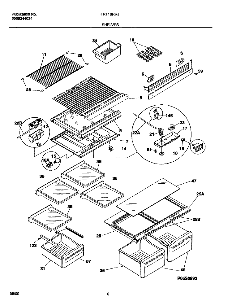 SHELVES Diagram and Parts List for FRT18RRJW1  Frigidaire Refrigerator