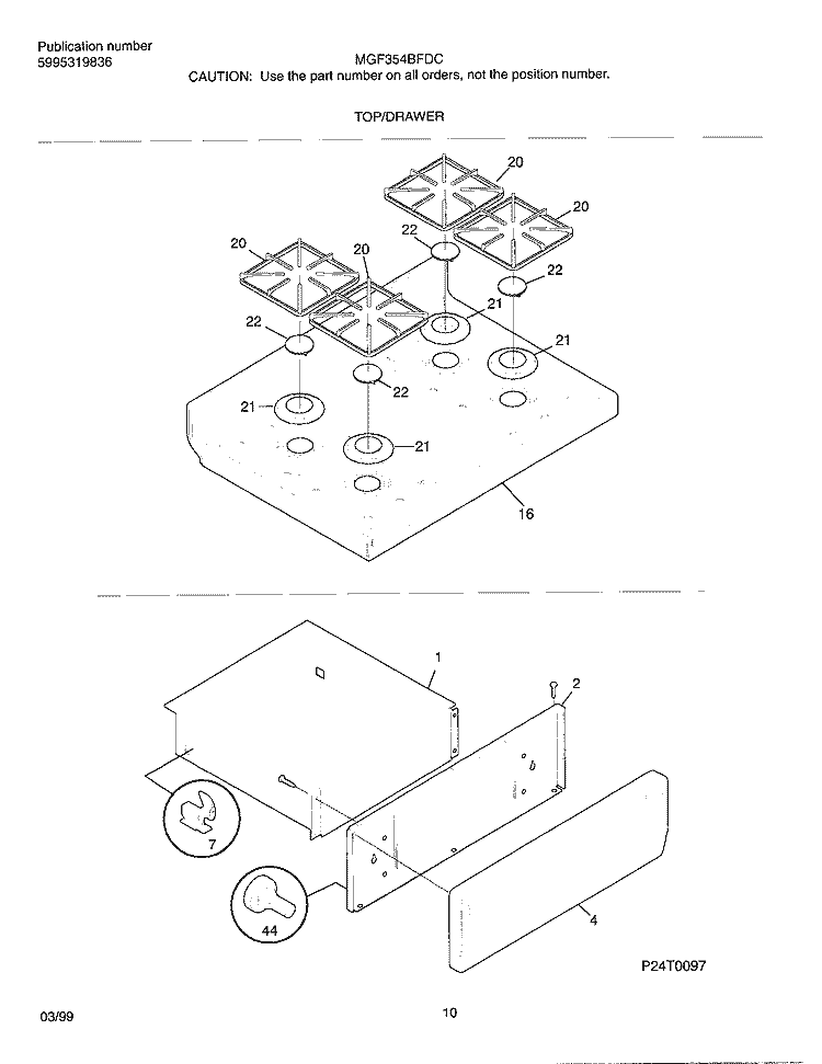TOP / DRAWER Diagram and Parts List for MGF354BFDC  Frigidaire Range