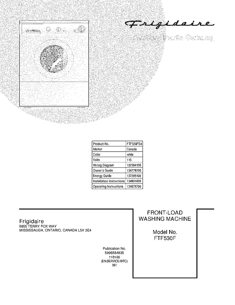COVER Diagram and Parts List for FTF530FS4  Frigidaire Washer