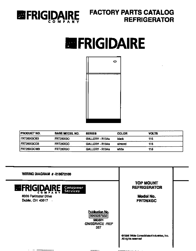 COVER Diagram and Parts List for FRT26XGCW3  Frigidaire Refrigerator
