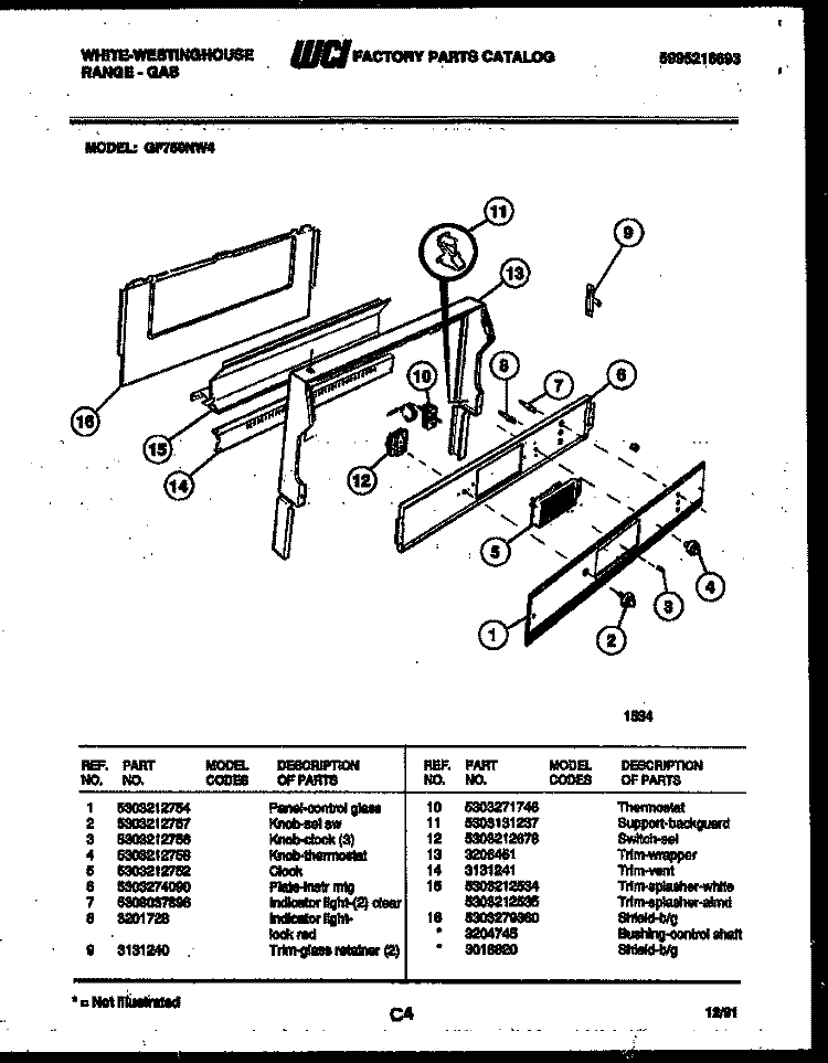 CONTROL PANEL Diagram and Parts List for GF750ND4  Frigidaire Range