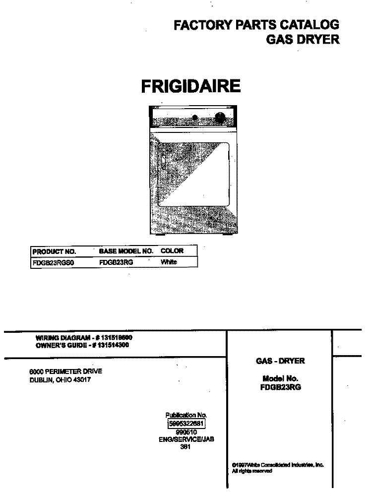 COVER Diagram and Parts List for FDGB23RGS0  Frigidaire Dryer