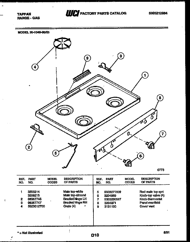 COOKTOP PARTS Diagram and Parts List for 30-1049-23-05  Tappan Range