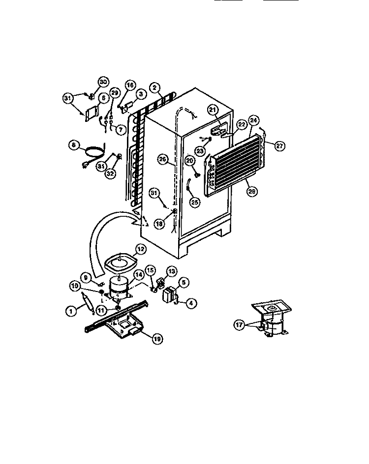 COMPRESSOR, CONDENSER, EVAPORATOR Diagram and Parts List for FPDA18TPLL0  Frigidaire Refrigerator
