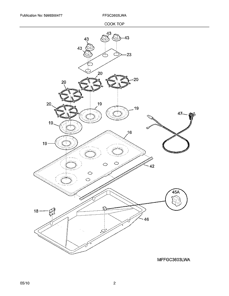 COOK TOP Diagram and Parts List for FFGC3603LWA  Frigidaire Cooktop