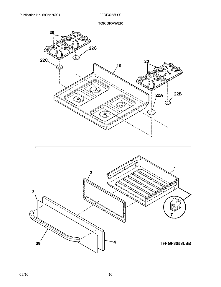 TOP/DRAWER Diagram and Parts List for FFGF3053LSE  Frigidaire Range