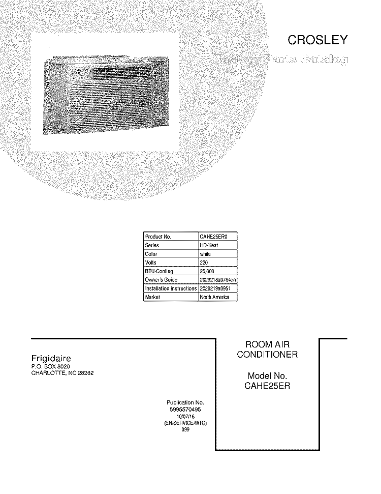 COVER Diagram and Parts List for CAHE25ER0  Crosley Air Conditioner