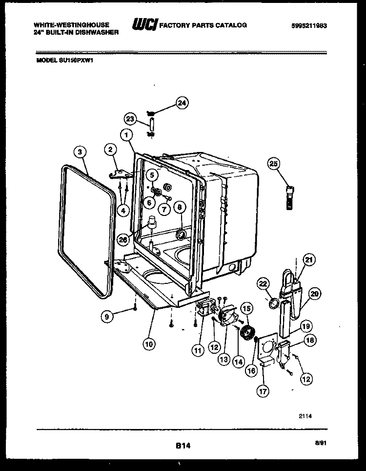 TUB AND FRAME PARTS Diagram and Parts List for SU150PXW1  Frigidaire Dishwasher