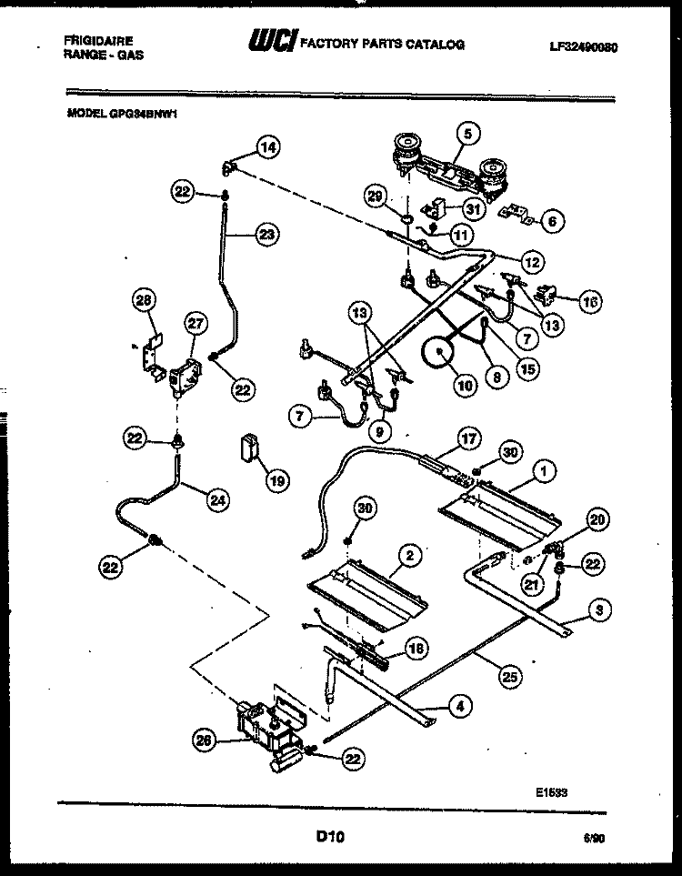 BURNER, MANIFOLD AND GAS CONTROL Diagram and Parts List for GPG34BNL1  Frigidaire Range