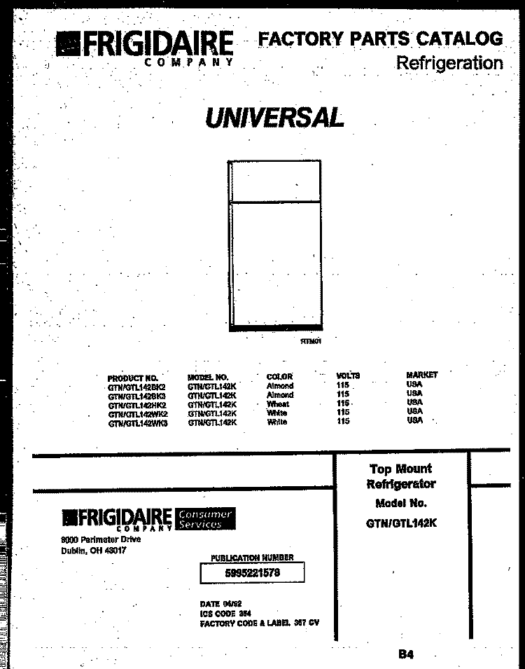 COVER Diagram and Parts List for GTL142WK2  Frigidaire Refrigerator