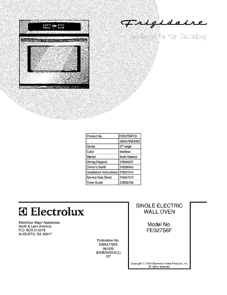 COVER Diagram and Parts List for FEB27S6FCB  Frigidaire Wall Oven