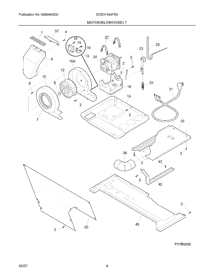 MOTOR / BLOWER / BELT Diagram and Parts List for GCEH1642FS0  Frigidaire Washer Dryer Combo