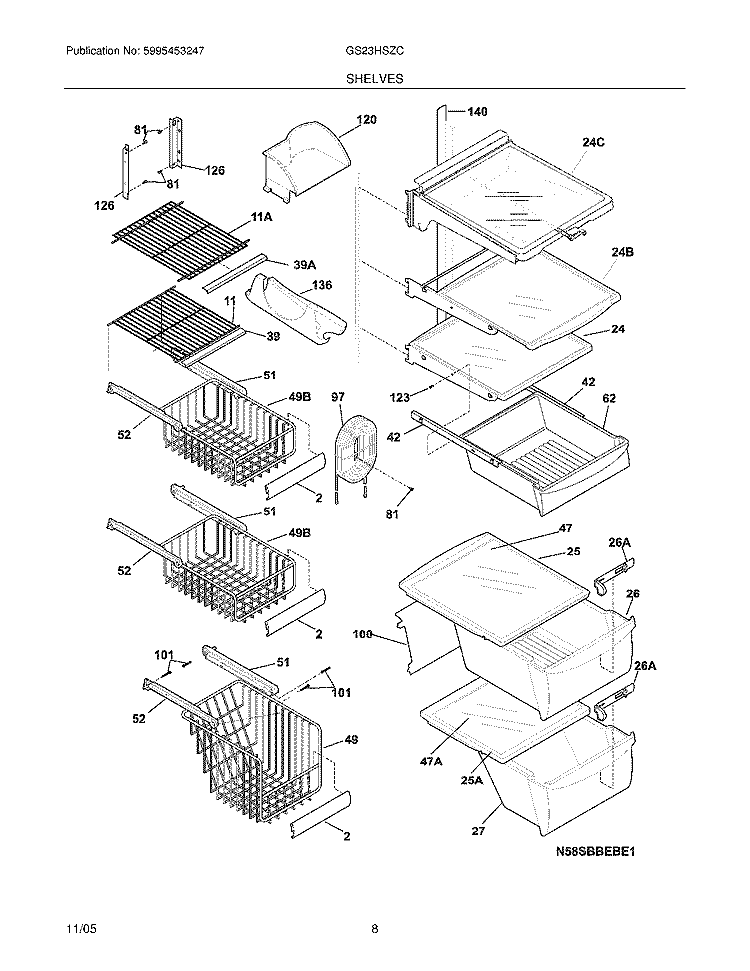 SHELVES Diagram and Parts List for GS23HSZCC6  Frigidaire Refrigerator
