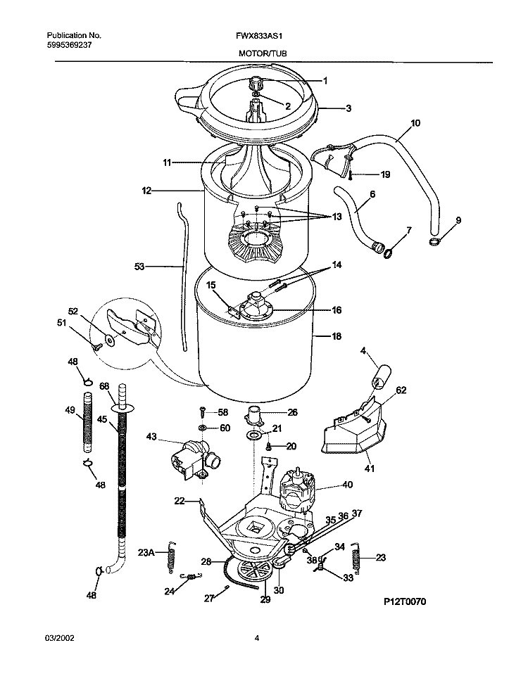 WSHR MTR, HOSE Diagram and Parts List for FWX833AS1  Frigidaire Washer