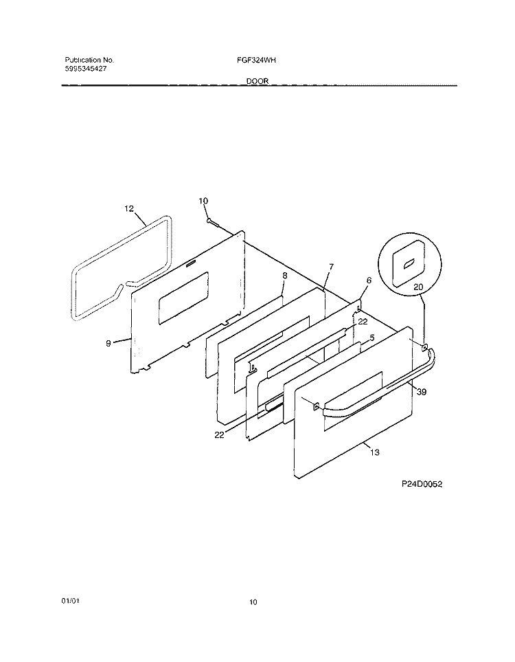 DOOR Diagram and Parts List for FGF324WHSC  Frigidaire Range