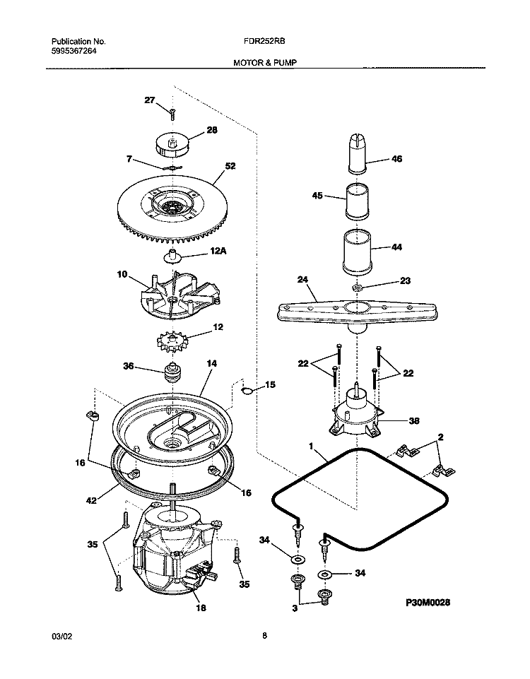 MOTOR & PUMP Diagram and Parts List for FDR252RBS0  Frigidaire Dishwasher