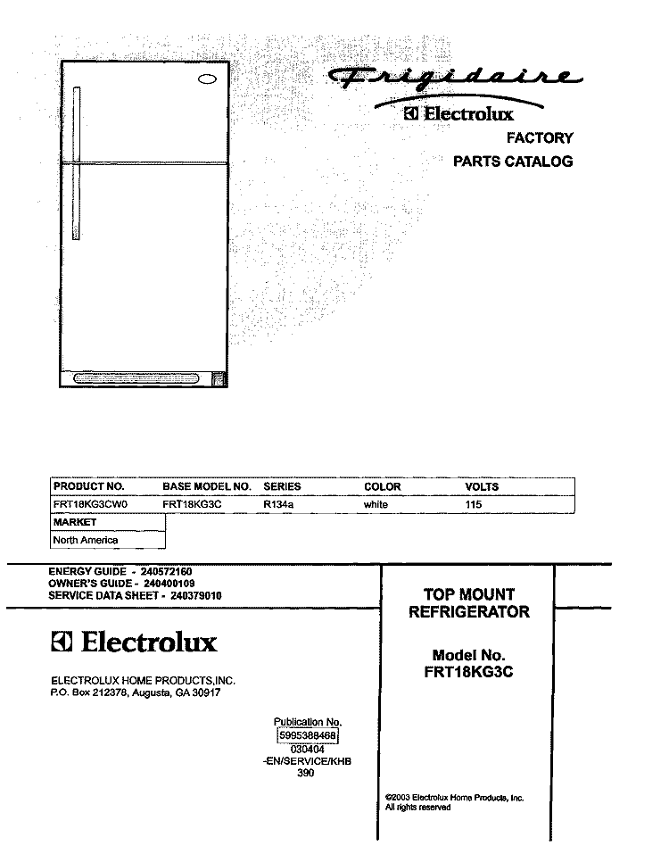 COVER Diagram and Parts List for FRT18KG3CW0  Frigidaire Refrigerator