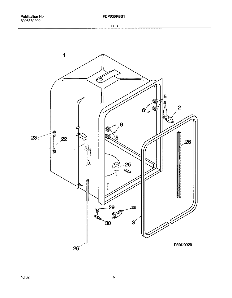TUB Diagram and Parts List for FDP635RBS1  Frigidaire Dishwasher
