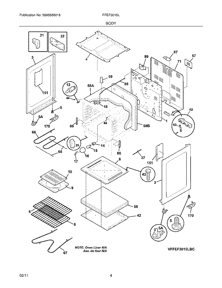 BODY Diagram and Parts List for FFEF3015LWC  Frigidaire Range