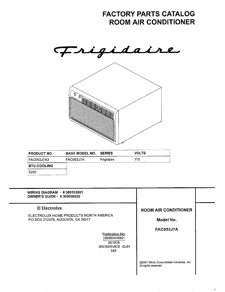 COVER Diagram and Parts List for FAC053J7A3  Frigidaire Air Conditioner