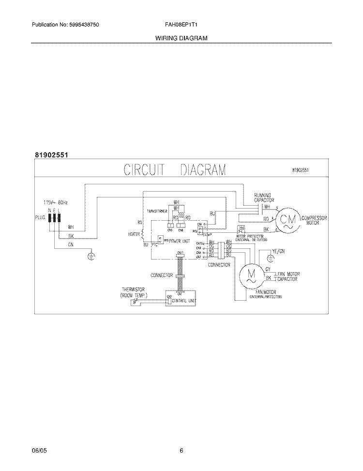 WIRING DIAGRAM Diagram and Parts List for FAH08EP1T1  Frigidaire Air Conditioner
