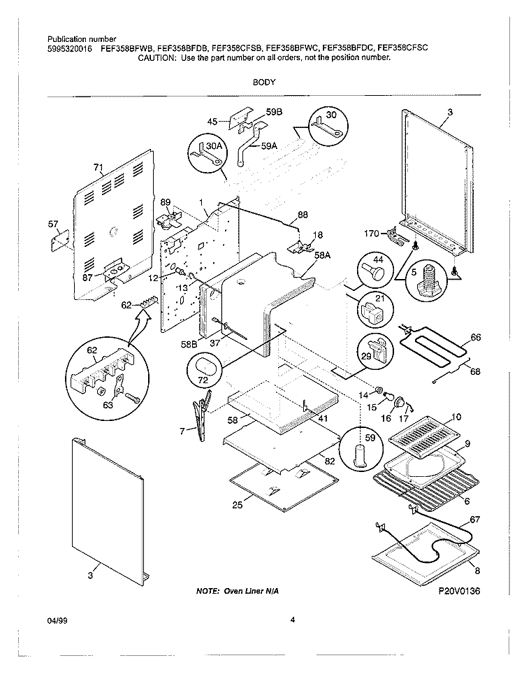 BODY Diagram and Parts List for FEF358CFSB  Frigidaire Range