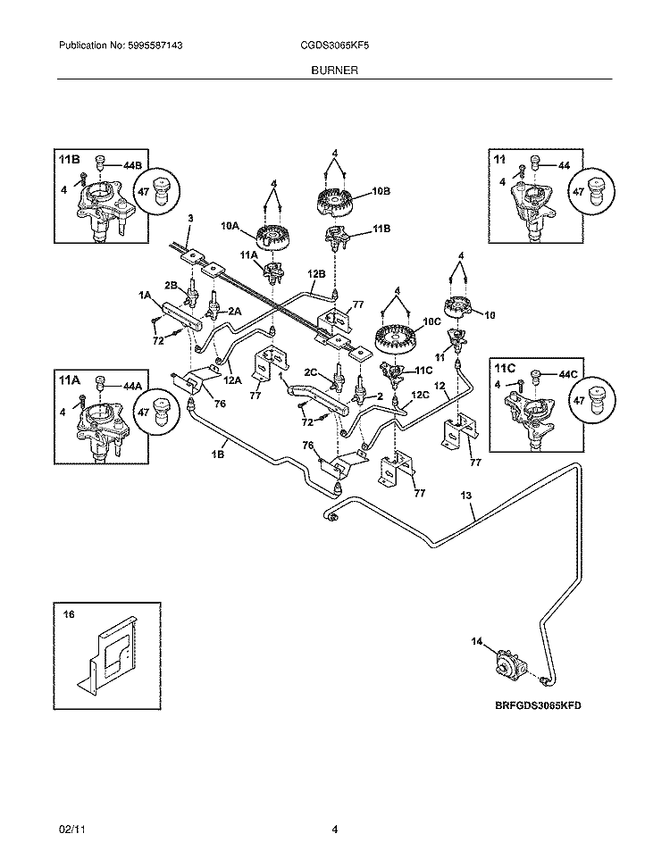 BURNER Diagram and Parts List for CGDS3065KF5  Frigidaire Range