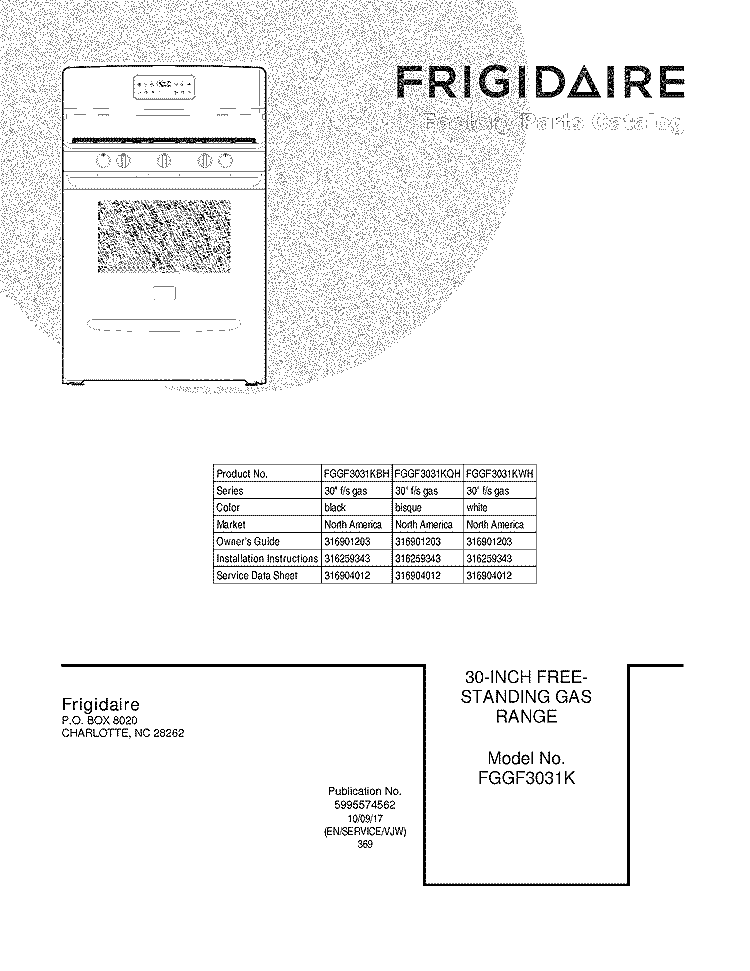 COVER Diagram and Parts List for FGGF3031KWH  Frigidaire Range