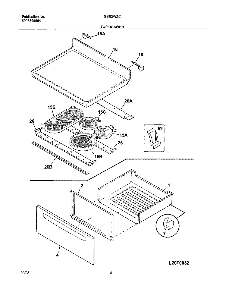 TOP / DRAWER Diagram and Parts List for GSE3WZCBB  Frigidaire Range