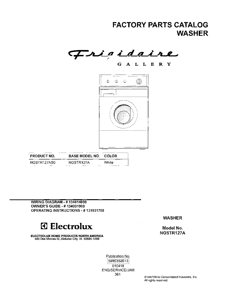 COVER Diagram and Parts List for NGSTR127AS0  Frigidaire Washer