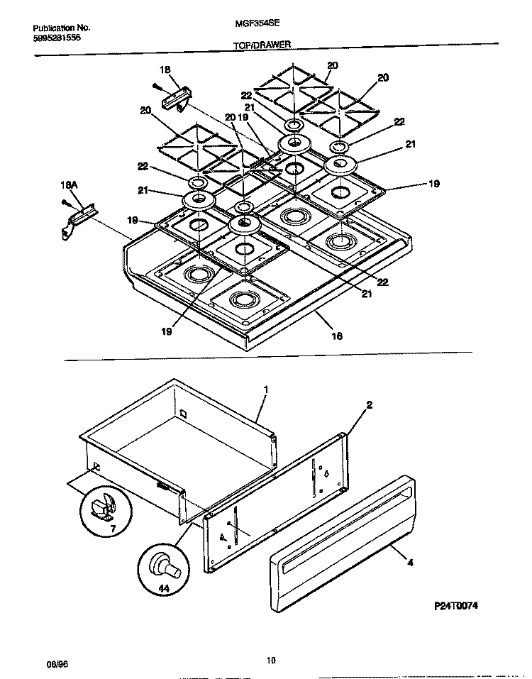 TOP / DRAWER Diagram and Parts List for MGF354SEDB  Frigidaire Range
