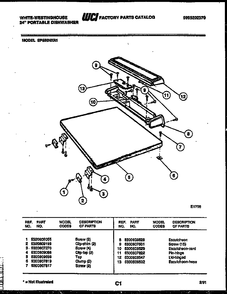 TOP AND MISCELLANEOUS PARTS Diagram and Parts List for SP550NXR1  Frigidaire Dishwasher