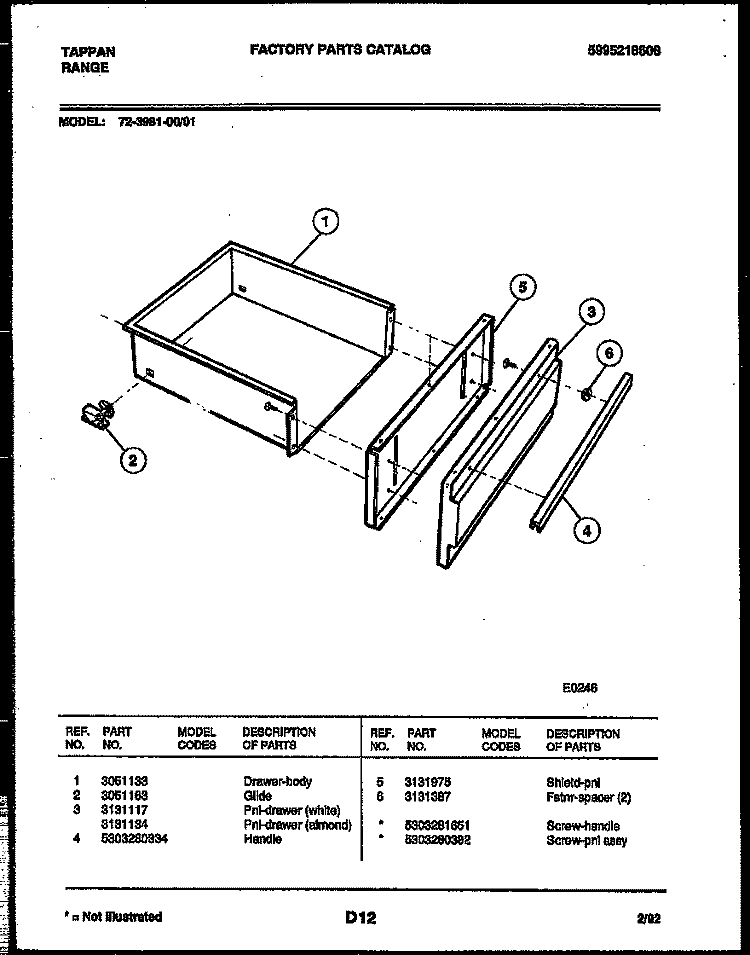 DRAWER PARTS Diagram and Parts List for 72-3981-23-01  Tappan Range