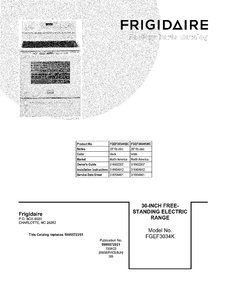 COVER Diagram and Parts List for FGEF3034KWC  Frigidaire Range