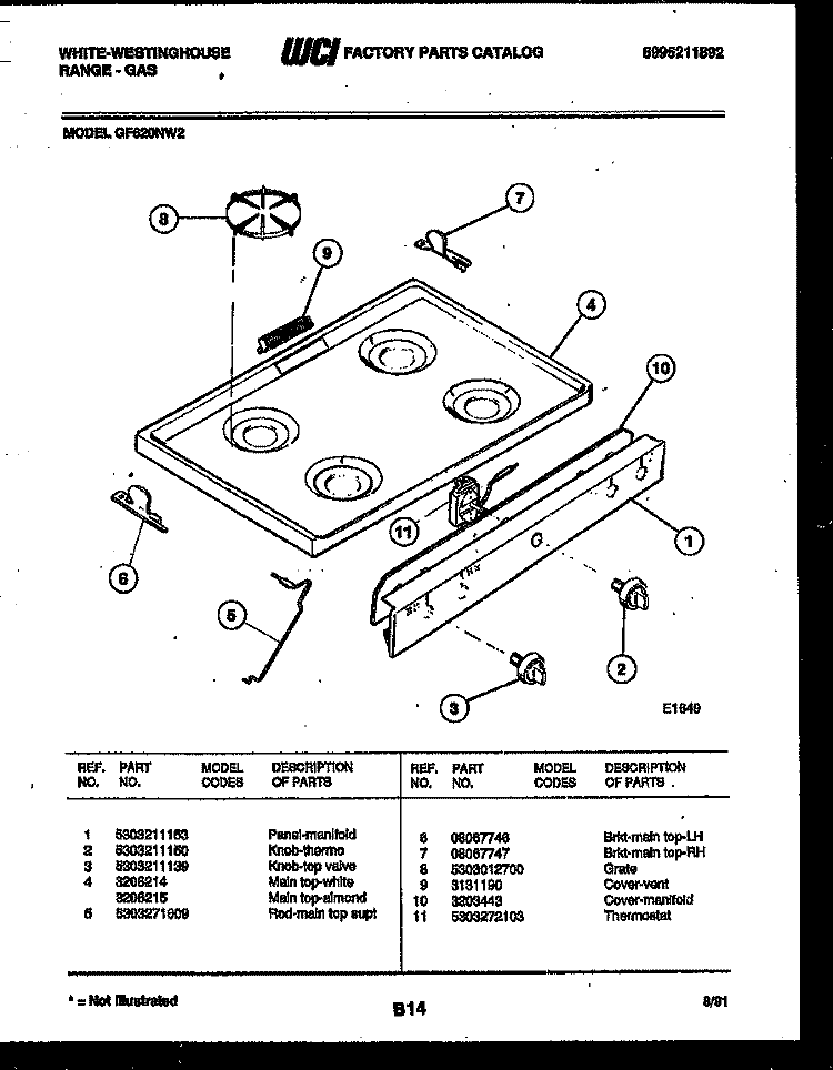 COOKTOP PARTS Diagram and Parts List for GF620NW2  Frigidaire Range