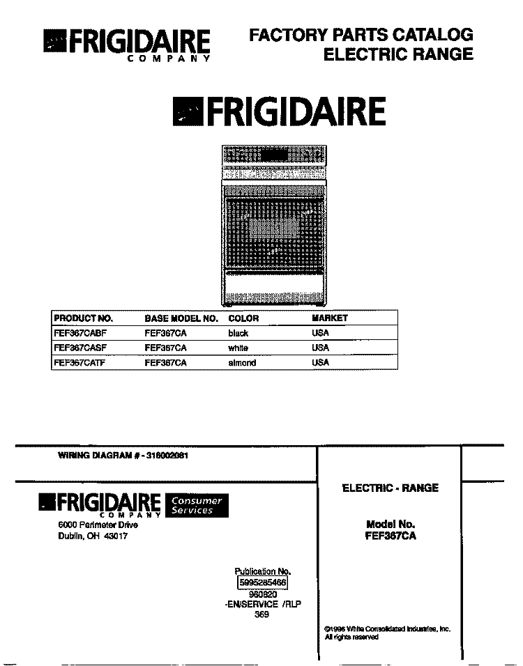 COVER Diagram and Parts List for FEF367CASF  Frigidaire Range