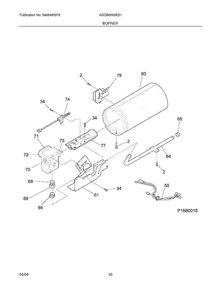 BURNER Diagram and Parts List for AGQB6000ES1  Frigidaire Dryer