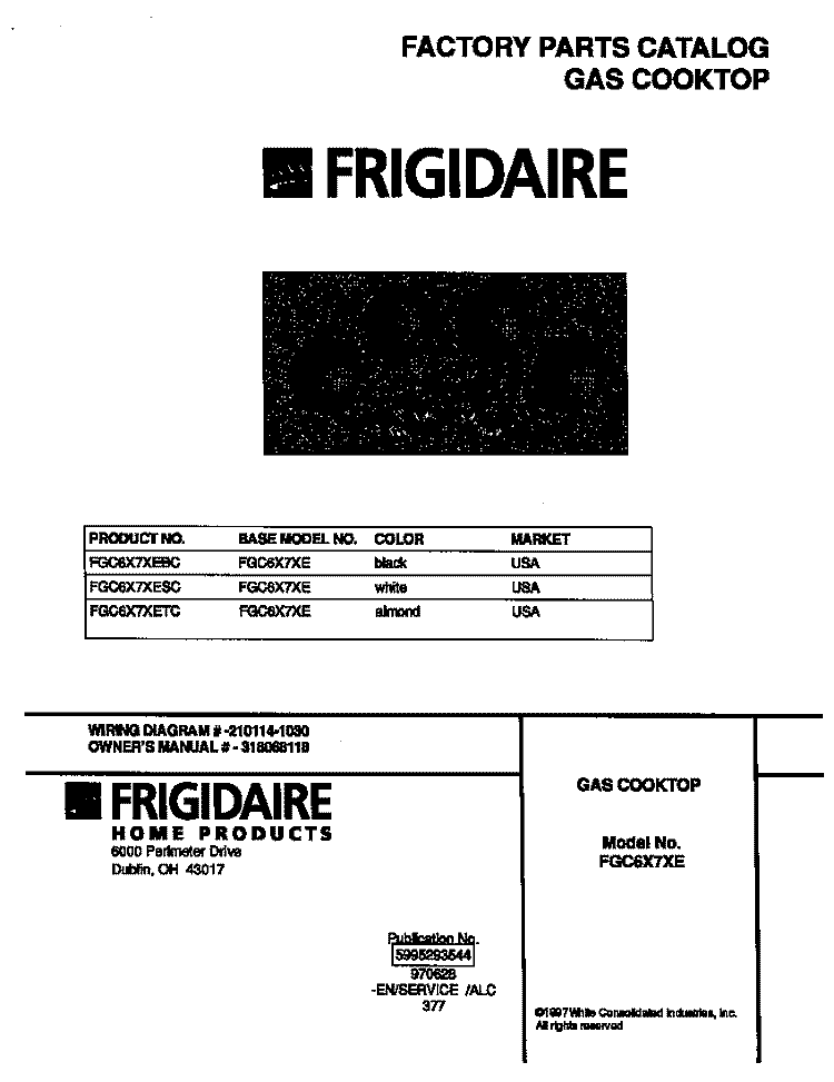 COVER Diagram and Parts List for FGC6X7XESC  Frigidaire Cooktop