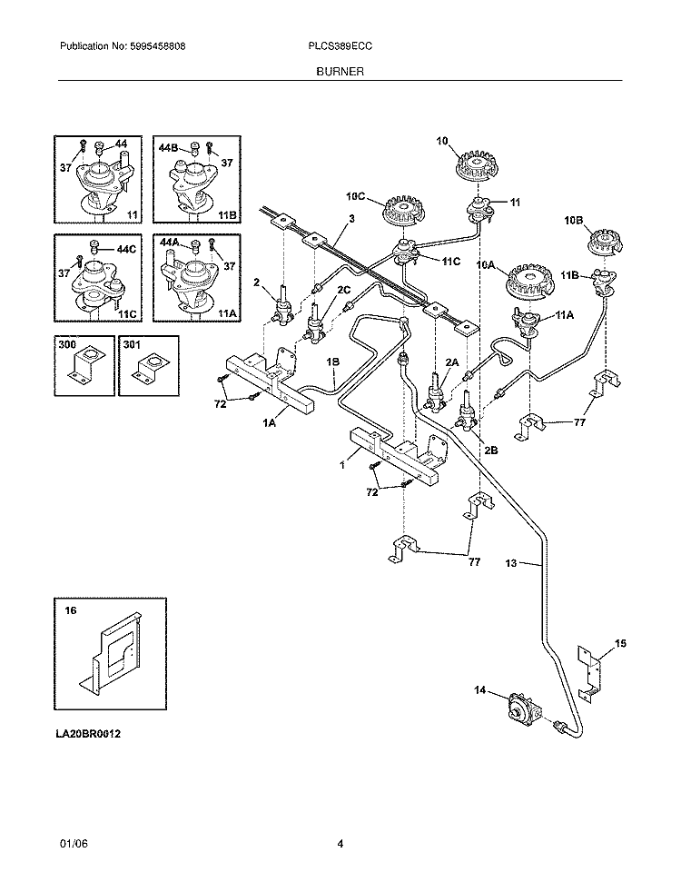 BURNER Diagram and Parts List for PLCS389ECC  Frigidaire Range
