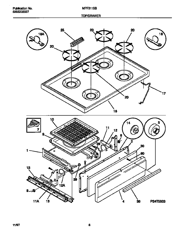 TOP / DRAWER Diagram and Parts List for MPF311SBWD  Frigidaire Range