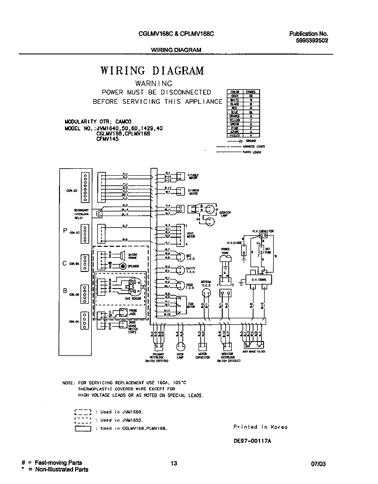 WIRING DIAGRAM Diagram and Parts List for CGLMV168CQ1  Frigidaire Microwave