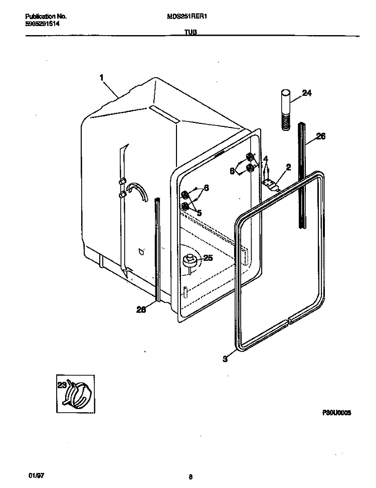 TUB Diagram and Parts List for MDS251RER1  Frigidaire Dishwasher