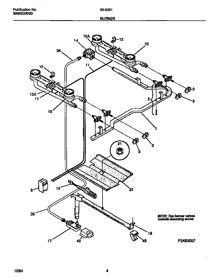 BURNER Diagram and Parts List for 30-2251-00-05  Tappan Range