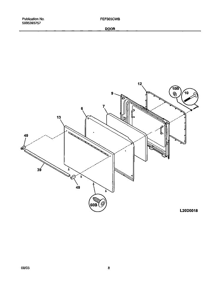DOOR Diagram and Parts List for FEF303CWB  Frigidaire Range