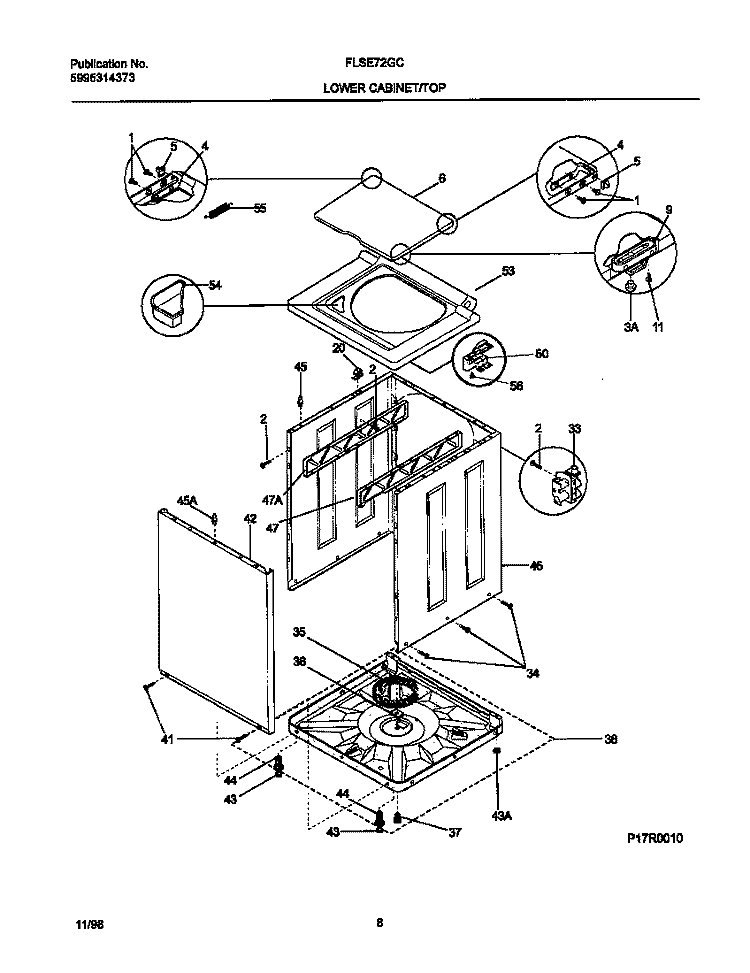 P17R0010 WSHR CAB, TOP Diagram and Parts List for FLSE72GCSA  Frigidaire Washer Dryer Combo