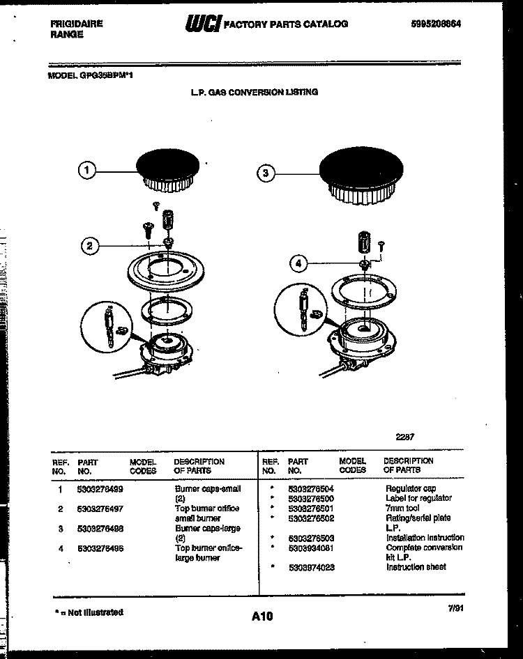 BURNER PARTS Diagram and Parts List for GPG35BPM1  Frigidaire Range