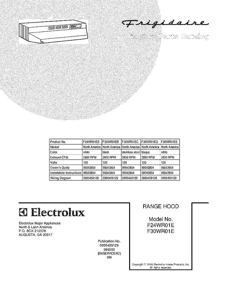COVER Diagram and Parts List for F24WR01ES  Frigidaire Range Hood