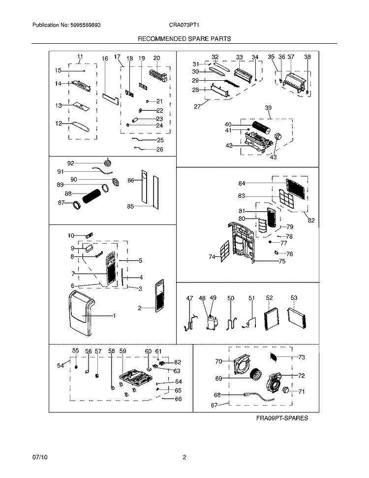 RECOMMENDED SPARE PARTS Diagram and Parts List for CRA073PT10  Frigidaire Air Conditioner