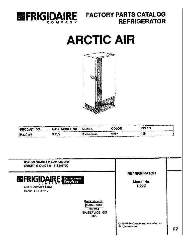 COVER Diagram and Parts List for R22CW1  Frigidaire Freezer