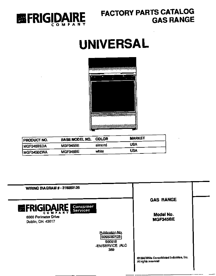 COVER Diagram and Parts List for MGF345BEWA  Frigidaire Range